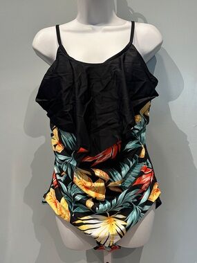 Tropical Palm Print Black Yellow Green One Piece Bathing Suit XLarge NWOT